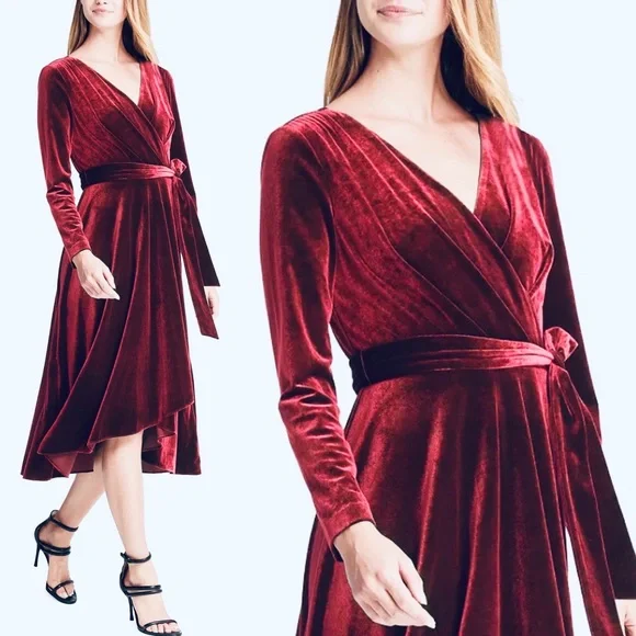 dkny red velvet dress DKNY Womens Red Tie Zippered Velvet Flutter Sleeve Togo
